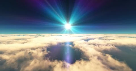 Fly above clouds sunset landscape 3d render Stock Illustration