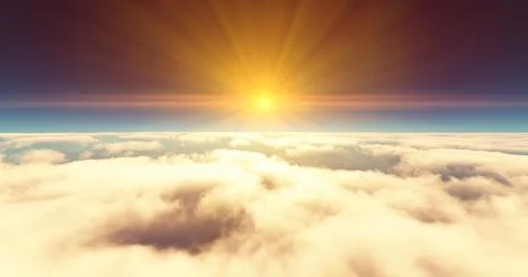 Fly above clouds sunset landscape 3d render Illustrazione stock