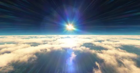 Fly above clouds sunset landscape 3d render Illustrazione stock