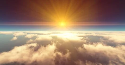 Fly above clouds sunset landscape 3d render 스톡 일러스트