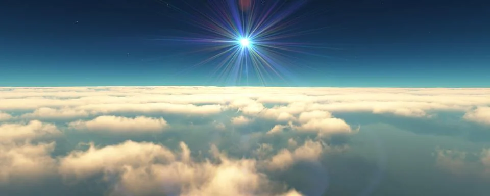 Fly above clouds sunset landscape 3d render Stock Illustration