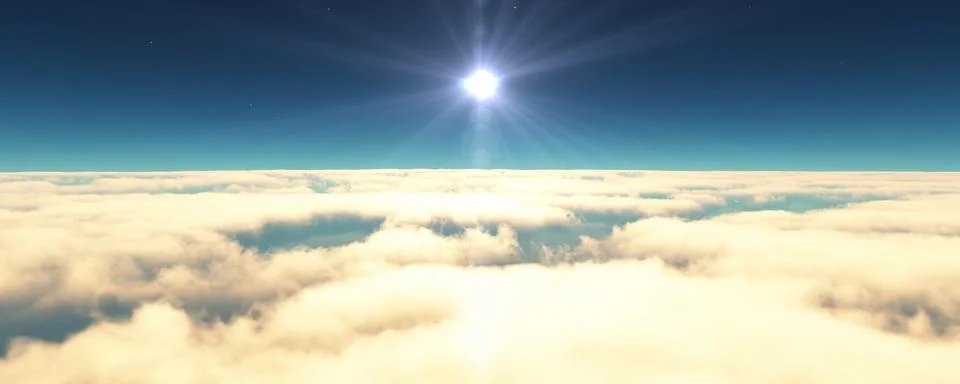 Fly above clouds sunset landscape 3d render Illustrazione stock