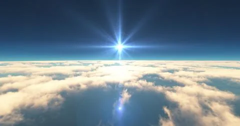 Fly above clouds sunset landscape 3d render Illustrazione stock