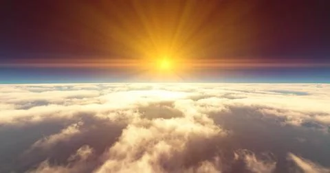 Fly above clouds sunset landscape 3d render Illustrazione stock