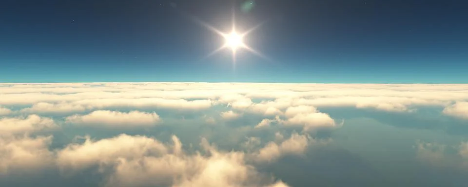Fly above clouds sunset landscape 3d render 스톡 일러스트