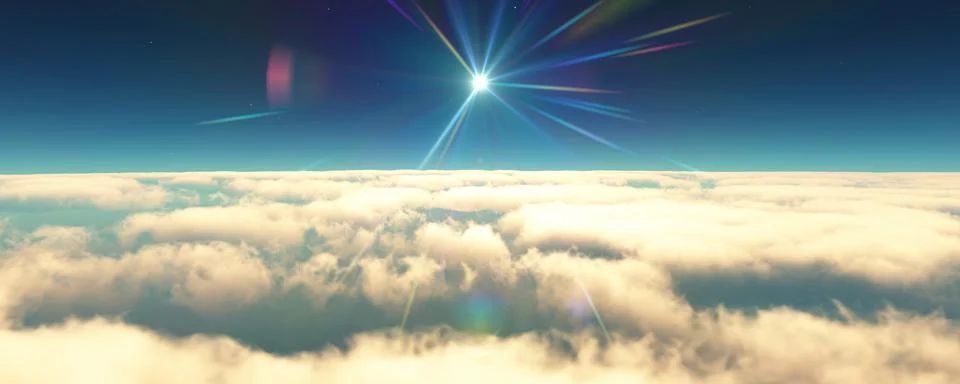 Fly above clouds sunset landscape 3d render Stock Illustration