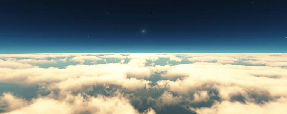 Fly above clouds sunset landscape 3d render Illustrazione stock