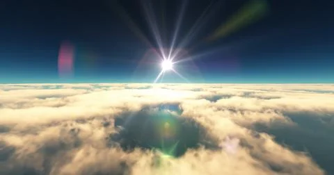 Fly above clouds sunset landscape 3d render Illustrazione stock