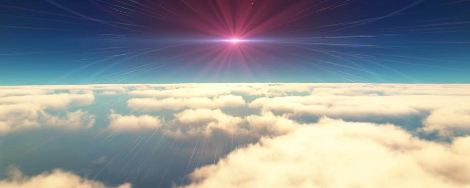 Fly above clouds sunset landscape 3d render Illustrazione stock