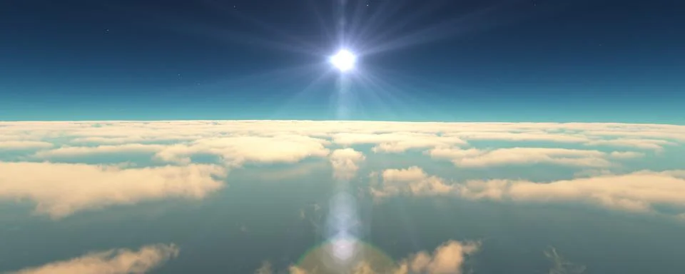 Fly above clouds sunset landscape 3d render Illustrazione stock