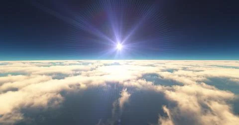 Fly above clouds sunset landscape 3d render Stock Illustration