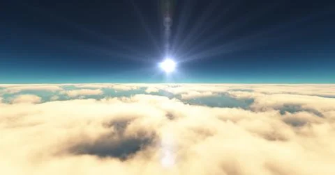 Fly above clouds sunset landscape 3d render Stock Illustration