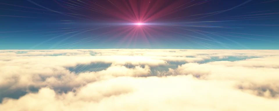 Fly above clouds sunset landscape 3d render Illustrazione stock