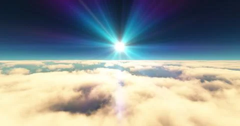 Fly above clouds sunset landscape 3d render Stock Illustration
