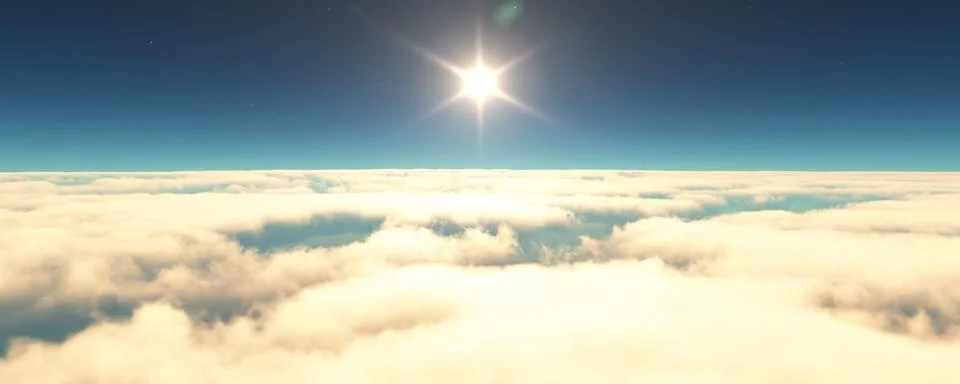 Fly above clouds sunset landscape 3d render Illustrazione stock