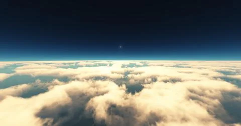 Fly above clouds sunset landscape 3d render Illustrazione stock