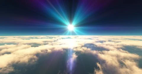 Fly above clouds sunset landscape 3d render 스톡 일러스트