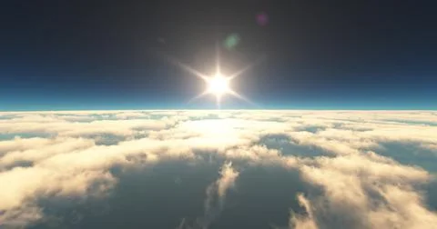 Fly above clouds sunset landscape 3d render Stock Illustration