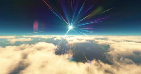 Fly above clouds sunset landscape 3d render Stock Illustration