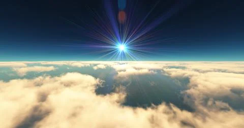 Fly above clouds sunset landscape 3d render Illustrazione stock