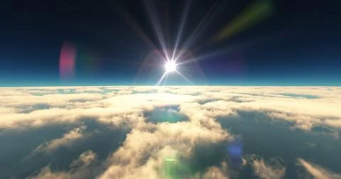 Fly above clouds sunset landscape 3d render Illustrazione stock