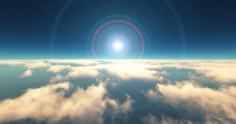 Fly above clouds sunset landscape 3d render Stock Illustration