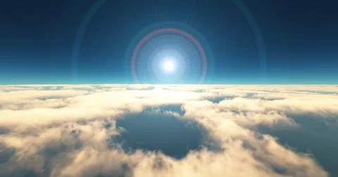 Fly above clouds sunset landscape 3d render Stock Illustration