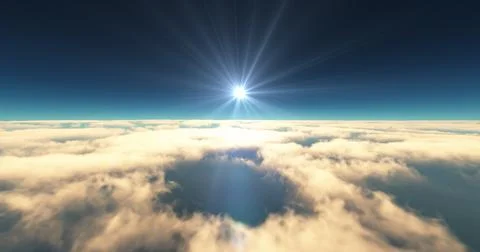 Fly above clouds sunset landscape 3d render Illustrazione stock