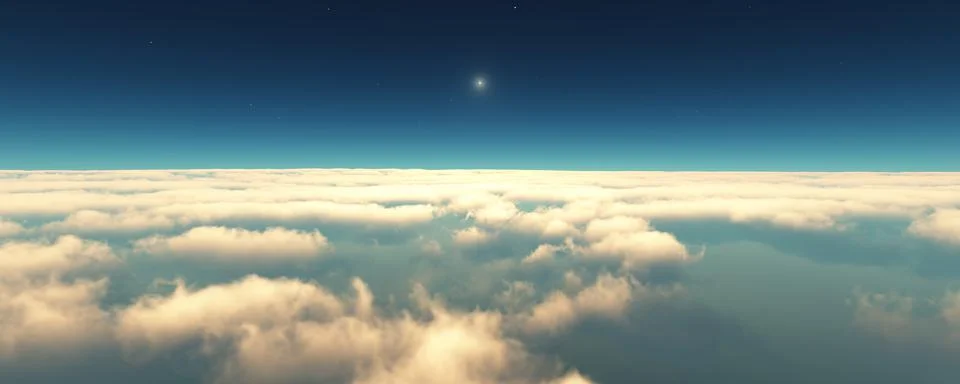 Fly above clouds sunset landscape 3d render Stock Illustration