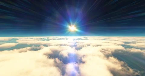 Fly above clouds sunset landscape 3d render Illustrazione stock