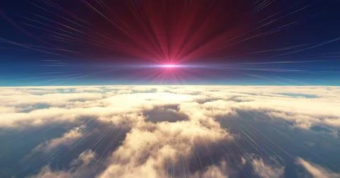 Fly above clouds sunset landscape 3d render Illustrazione stock