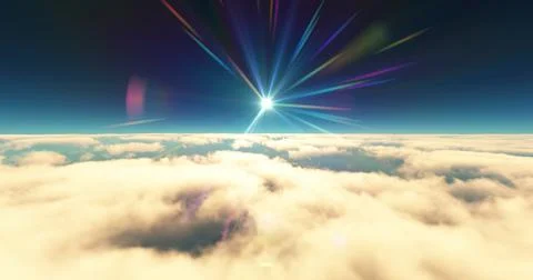 Fly above clouds sunset landscape 3d render Stock Illustration