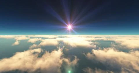 Fly above clouds sunset landscape 3d render Illustrazione stock