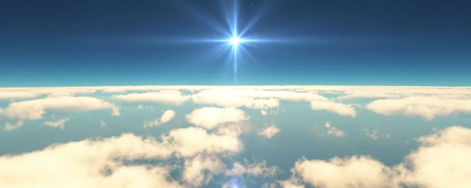 Fly above clouds sunset landscape 3d render Illustrazione stock