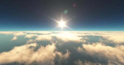 Fly above clouds sunset landscape 3d render Stock Illustration