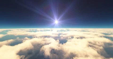 Fly above clouds sunset landscape 3d render Illustrazione stock