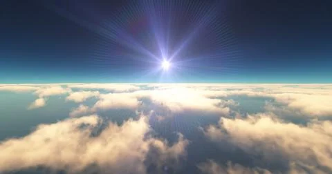 Fly above clouds sunset landscape 3d render Stock Illustration