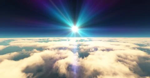 Fly above clouds sunset landscape 3d render Illustrazione stock