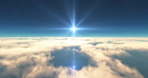 Fly above clouds sunset landscape 3d render Illustrazione stock