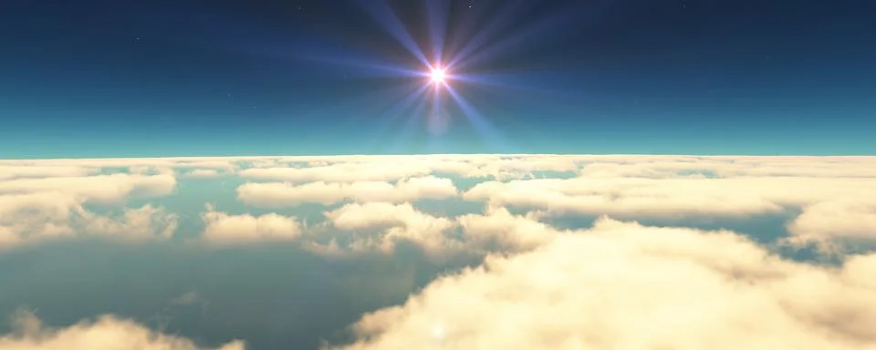 Fly above clouds sunset landscape 3d render Illustrazione stock