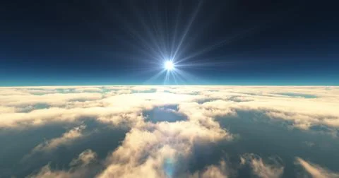 Fly above clouds sunset landscape 3d render Stock Illustration