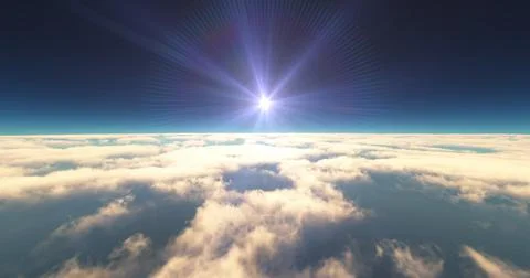 Fly above clouds sunset landscape 3d render Stock Illustration