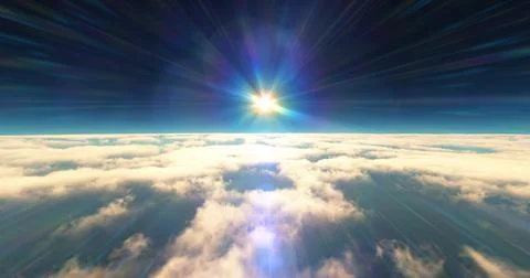 Fly above clouds sunset landscape 3d render Stock Illustration