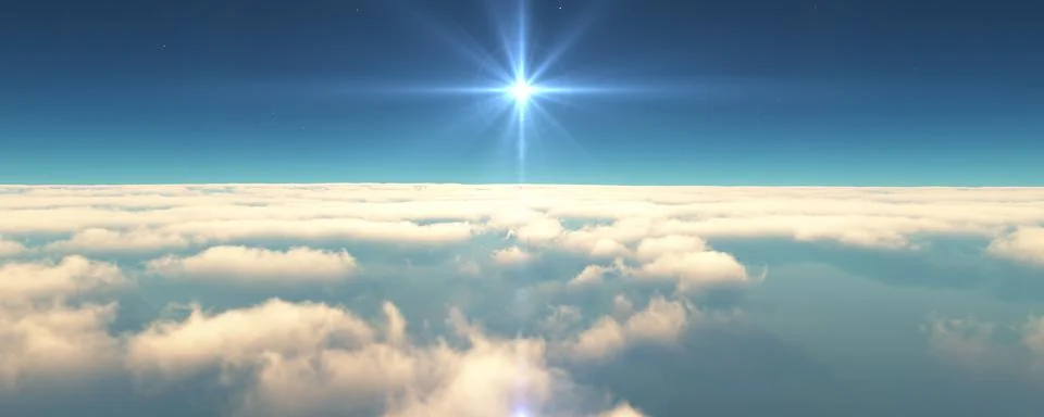 Fly above clouds sunset landscape 3d render Illustrazione stock