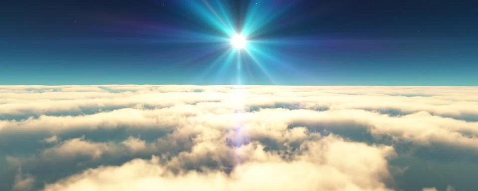 Fly above clouds sunset landscape 3d render Illustrazione stock