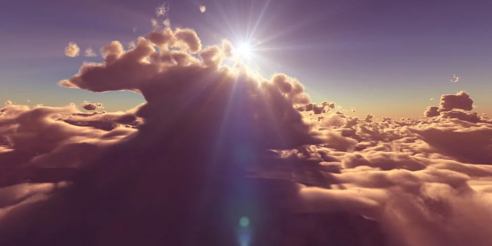 Fly above clouds sunset landscape Stock Illustration