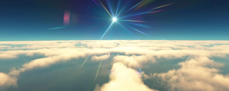 Fly above clouds sunset landscape 3d render Stock Illustration