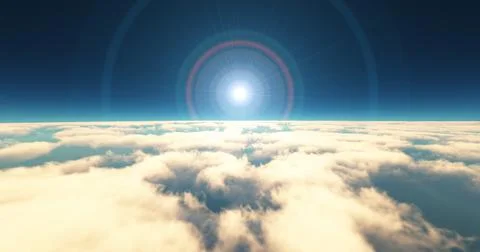 Fly above clouds sunset landscape 3d render Illustrazione stock