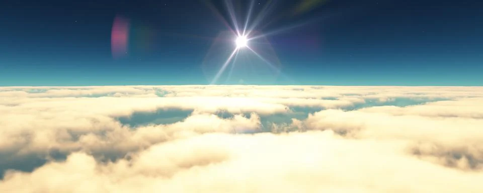 Fly above clouds sunset landscape 3d render Stock Illustration
