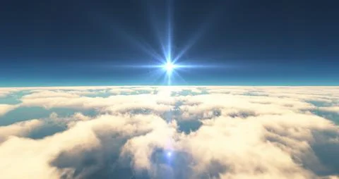 Fly above clouds sunset landscape 3d render Stock Illustration